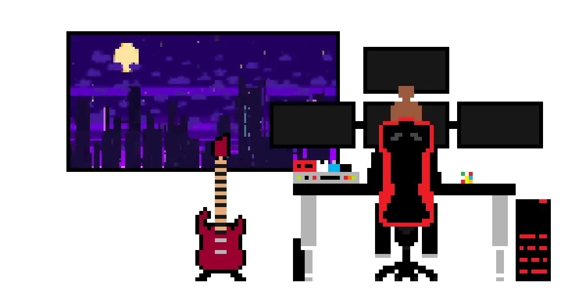 A pixel art illustration of Ola in his room